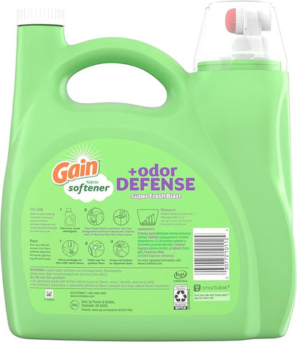 Gain Super Fresh Blast Liquid Odor Defense Fabric Softener, 140 FL OZ 190 Load, Softening Laundry Conditioner for 2 in 1 Freshness plus Odor Protection