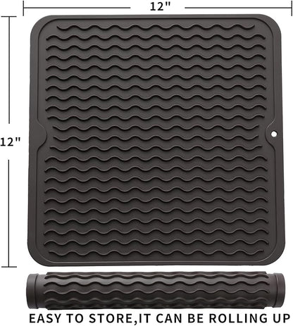 MicoYang Silicone Dish Drying Mat for Multiple Usage,Easy clean,Eco-friendly,Heat-resistant Silicone Mat for Kitchen Counter or Sink,Refrigerator or Drawer liner Coffee M 12 inches x 12 inches