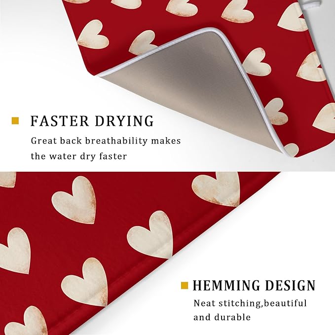 Valentines Day Dish Drying Mat 18 x 24 Inch With Absorbent Reversible Microfiber Red Love Heart Valentine Drying Anniversary Wedding Dish Drainer Mat Fast Dry For Kitchen Dining Room Decor