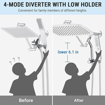 G-Promise All Metal 16 Inch Shower Head with Massage Mode Handheld, Rain Shower Head with Handheld Spray Combo, 3-Way Diverter with Pause Setting, 12 Inch Adjustable Extension Arm (Chrome)