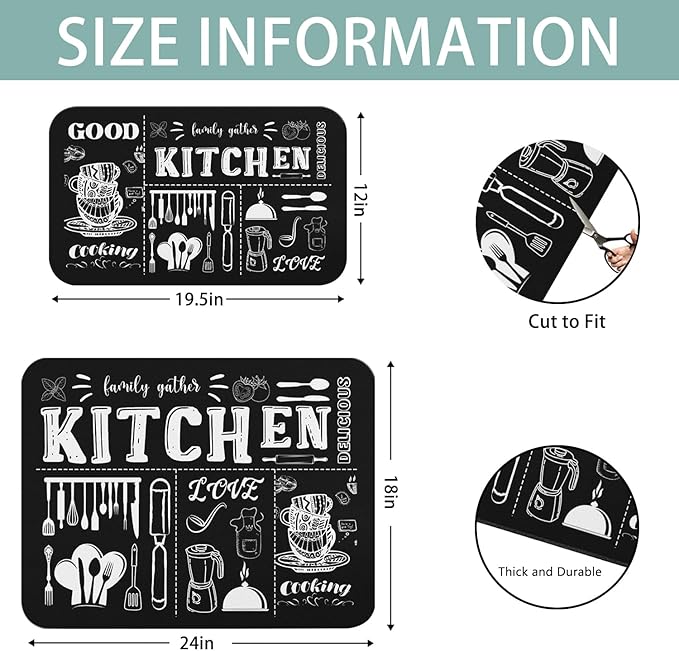 Dish Drying Mat for Kitchen Counter 2 Pack with Non-Slip Rubber Backing - Heat-Resistant Absorbent Coffee Bar Mat, Dish Rack Mat, Black Kitchen Dish Drying Mats 18x24+19.5x12 inch