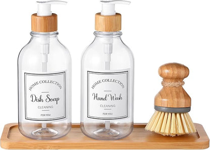 Zopeal 4 Pcs 16 oz Kitchen Soap Dispenser Set with Bamboo Tray and Dish Brush Plastic Soap Dispenser Set with Waterproof Labels for Hand Dish Lotion(Transparent)