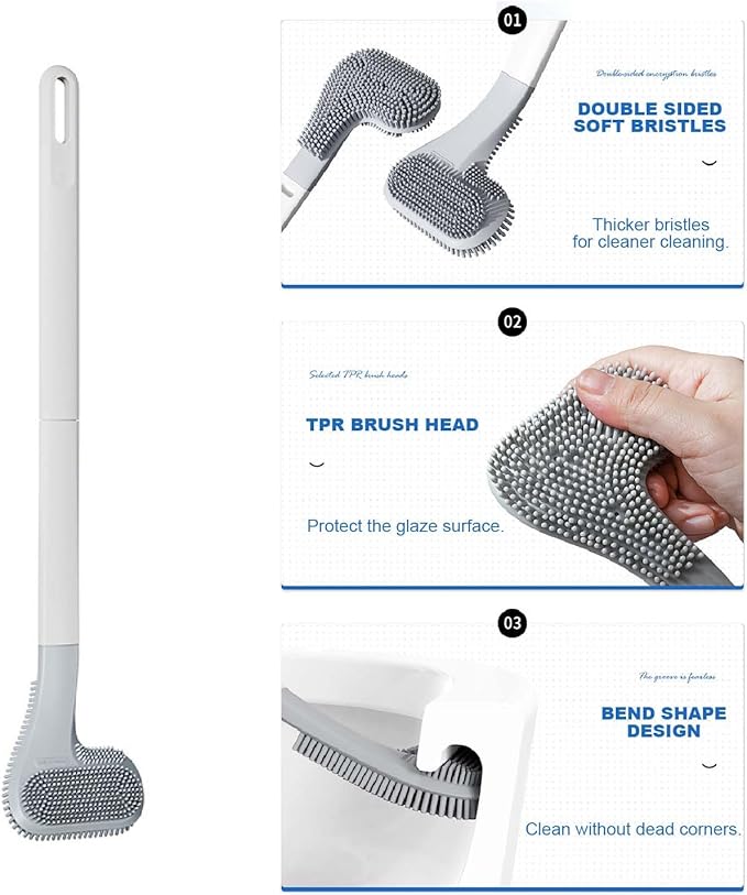 Toilet Brush, Long Handle Golf Toilet Brush with Holder 360° Deep Cleaning Flexible Silicone Toilet Cleaner Brush Wall Mounted for Bathroom (2Pcs White)