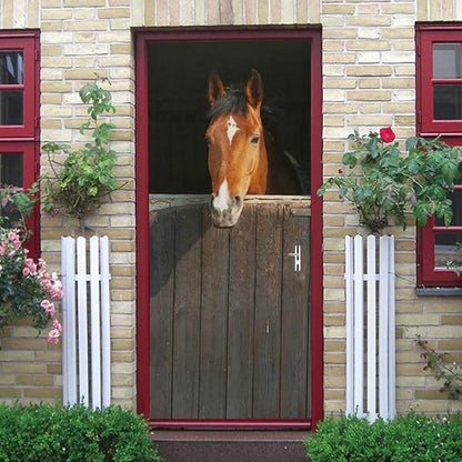 Horse 3D Door Stickers Murals - Peel & Stick Waterproof Washable Matt Finish Rustic Style Animal Pattern Adults Wall 37.4" x 84.6"