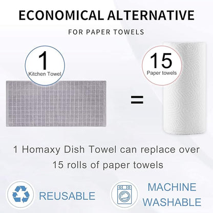 Homaxy 100% Cotton Terry Kitchen Towels(Light Grey, 13 x 28 Inches), Checkered Designed, Soft and Super Absorbent Dish Towels, 4 Pack