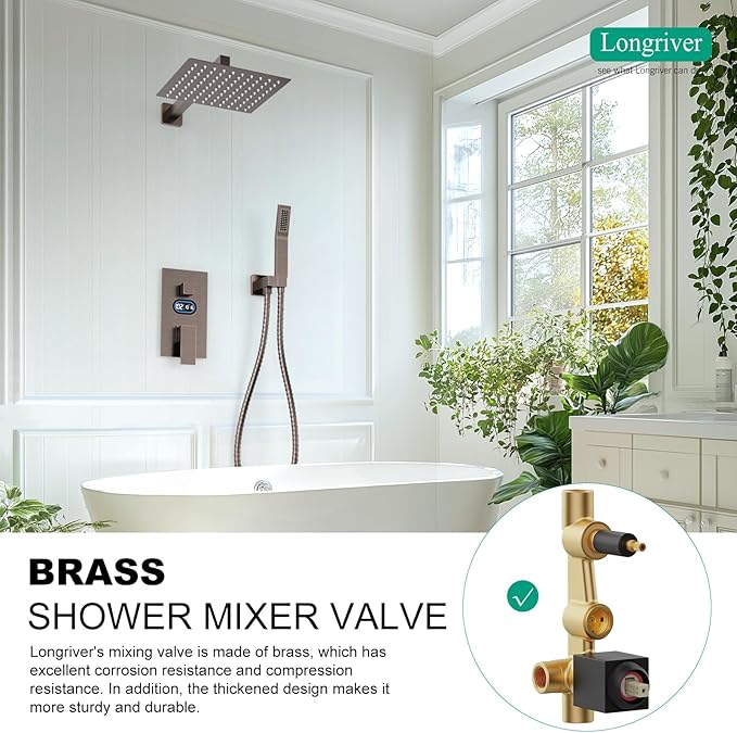 Longriver Shower Faucet Set with Hydro Power Temperature Display, Shower System 10 Inch Shower Head with Handheld Spray, Wall Mounted Shower Fixtures with Shower Valve and Trim Kit, Oil Rubbed Bronze