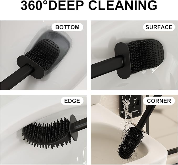 Toilet Brush and Holder Set - Wall Mounted Bathroom Scrub Brush, Toilet Bowl Brush and Plunger Set for Bathroom Cleaner (Black)