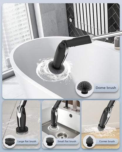 Leebein Electric Spin Scrubber, Shower Scrubber with 4 Adjustable Angles and 8 Brush Heads, Electric Scrubber with Long Handle & Remote Controller, Cleaning Brush for Bathroom, Tub, Floor (Black)