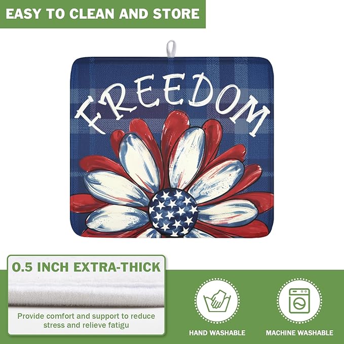 4th of July Dish Drying Mat 18x16 Inch, Patriotic Drying Mat with Absorbent Reversible Microfiber, Independence Day Dish Drainer Mats Memorial Day Rack Pad for Coffee Countertop Kitchen Protector