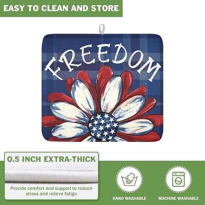 4th of July Dish Drying Mat 18x16 Inch, Patriotic Drying Mat with Absorbent Reversible Microfiber, Independence Day Dish Drainer Mats Memorial Day Rack Pad for Coffee Countertop Kitchen Protector