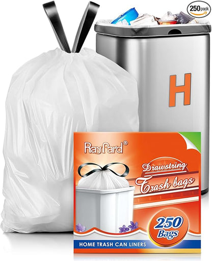 8-9 Gallon Plastic Drawstring Trash Bags 250 Counts, Compatible with Simplehuman Code H, 30-45 Liter Medium Kitchen Garbage Bags, White Trash Can Liners