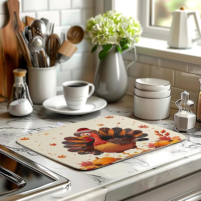 Thankgiving Dish Drying Mat for Kitchen Counter 16x18 Inch Fall Orange Turkey Maple Leaf Pumpkin Absorbent Microfiber Dish Rack Mat Autumn Thankgiving Dish Drying Pad for Coffee Bar Sink