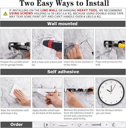 2 Racks and 3 Hooks Broom and Mop Holder Wall Mounted Garage Organizer Storage Tool Racks Stainless Steel Heavy Duty Hooks Self Adhesive Solid Non-slip Wall Hangers for Home Kitchen Garden Laundry