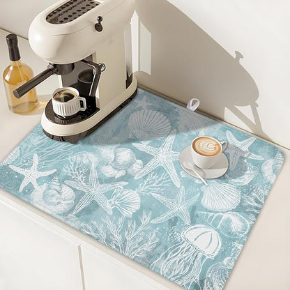 Summer Sea Shell Drying Mat 24x18 Inch, Teal Starfish Drying Mat with Absorbent Reversible Microfiber, Coastal Dish Drainer Mats Holiday Ocean Rack Pad for Coffee Countertop Kitchen Protector
