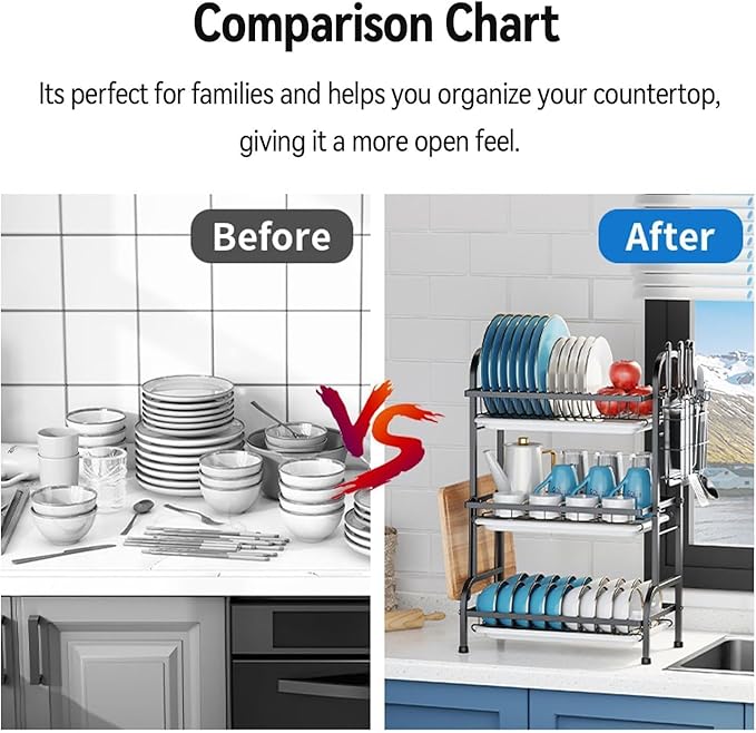 Vergissm Large 3-Tier Dish Drying Rack with Drain Tray - Rustproof Carbon Steel Kitchen Organizer for Countertop with Utensil & Cutlery Holder, Spacious Drainboard - Multifunctional Dish Drainer