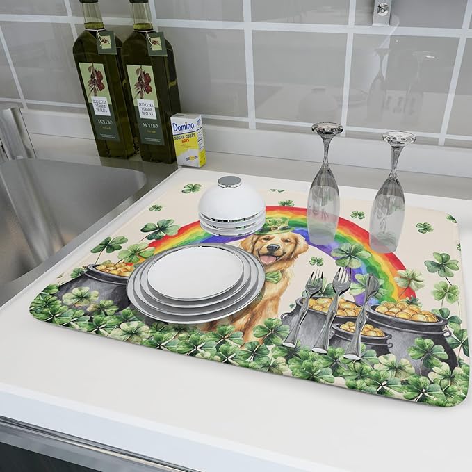 Funny Dog Dish Drying Mats for Kitchen Countertop Large Microfiber Absorbent Coffee Bar Mat