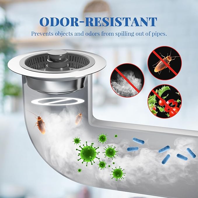 Upgraded 3in1 Kitchen Sink Drain Strainer & Sink Stopper,304 Stainless Steel Metal Sink Drain Stopper with Anti-Clogging Wider Strainer Basket,Kitchen Essentials for US Standard 3-1/2" Drain (Silver)