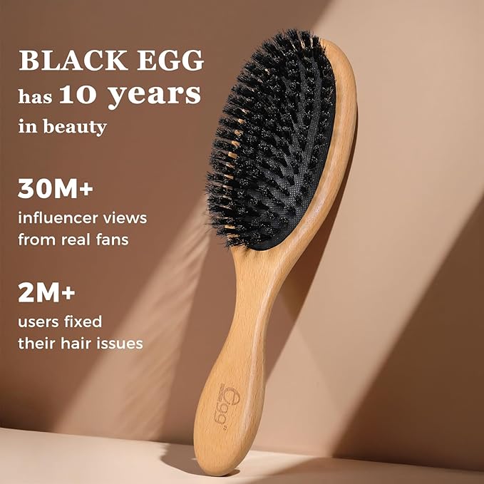 BLACK EGG Boar Bristle Hair Brush for Women Men Kid, Soft Natural Bristles Brush for Thin and Fine Hair, Restore Shine and Texture, Set includes Bamboo comb and 3 hair ties, Excellent Gift Idea
