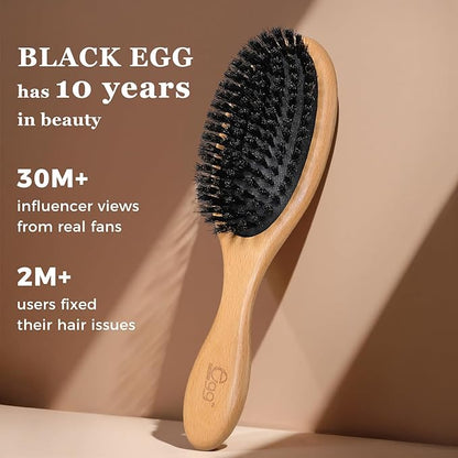 BLACK EGG Boar Bristle Hair Brush for Women Men Kid, Soft Natural Bristles Brush for Thin and Fine Hair, Restore Shine and Texture, Set includes Bamboo comb and 3 hair ties, Excellent Gift Idea