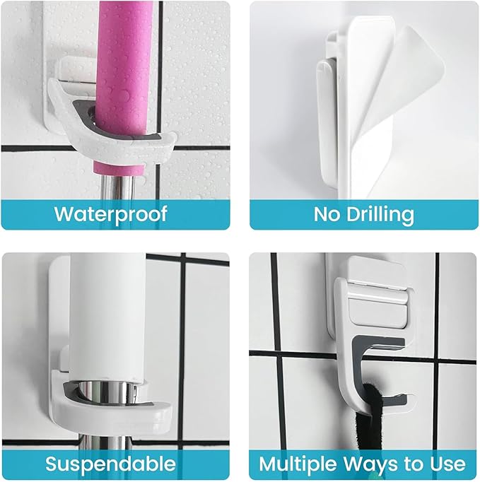 Broom Holder Wall Mount, 6 Pack Broom and Mop Organizer Wall Hanging Self Adhesive, No Drilling, Anti-Slip Broom and Mop Hanger Wall Mount Cleaning Ideal for Bathroom, Kitchen, Garden, Garage