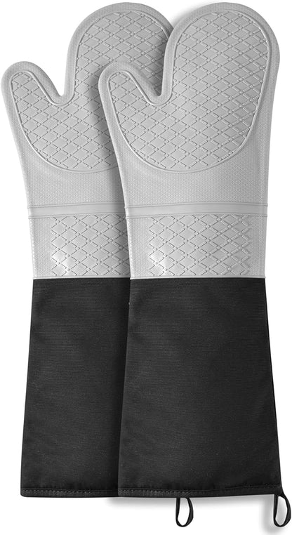 Extra Long Silicone Oven Mitts, Heat Resistant Oven Gloves with Quilted Liner Non-Slip Textured Grip Perfect for BBQ, Baking, Cooking and Grilling - 1 Pair 20 Inch Grey