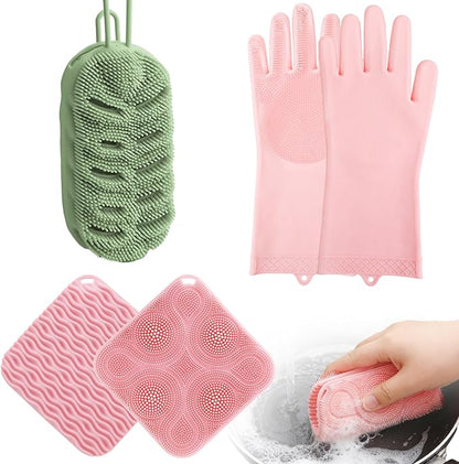 Silicone Sponge 3 Pack Dish Scrubber Sponges Pad Reusable & Long Lasting, Silicone Kitchen Scrubber with Sponge, Non-Scratch Dishwashing Gloves with Bristles for Fruits Vegetables House Cleaning Pink