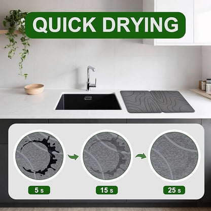 Stone Drying Mat for Kitchen Counter,2 Pack 16''x12'' Quick Dish Drying Stone Mat Kitchen,Double-sided Diatomaceous Earth Stone Drying Mat,No Moisture Residue, Stone Dish Drying Mat (Curved Stripes)