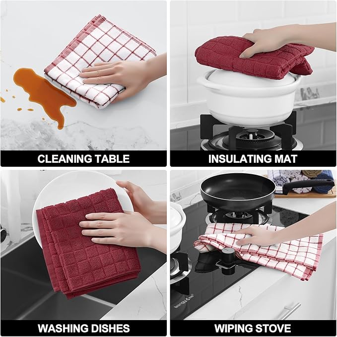 Homaxy Premium Cotton Kitchen Towels 16"x 28", Large Natural Ring Spun 390 GSM Dish Towels, Super Absorbent Terry Kitchen Hand Towels, Soft Tea Towels with Hanging Loop, Red Check Design,6 Pack
