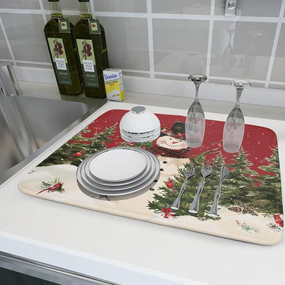Christmas Snowman Dish Drying Mat for Kitchen Counter 18x24 Inch Watercolor Xmas Tree Bird Print Absorbent Reversible Microfiber Drying Mats Kitchen Countertop Protector Dishes Drainer Rack Pad