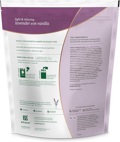 Grab Green Natural 3 in 1 Laundry Detergent Pods, Lavender + Vanilla-with Essential Oils, Organic Enzyme-Powered, Plant & Mineral-Based, White, 34 Oz, 60 Count