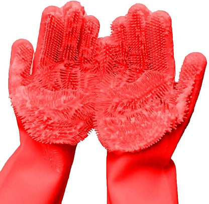 Silicone Dishwashing Gloves, Pet Grooming Rubber Scrubbing for Dishes, Sponge Wash Cleaning with Scrubbers (13.6" L)