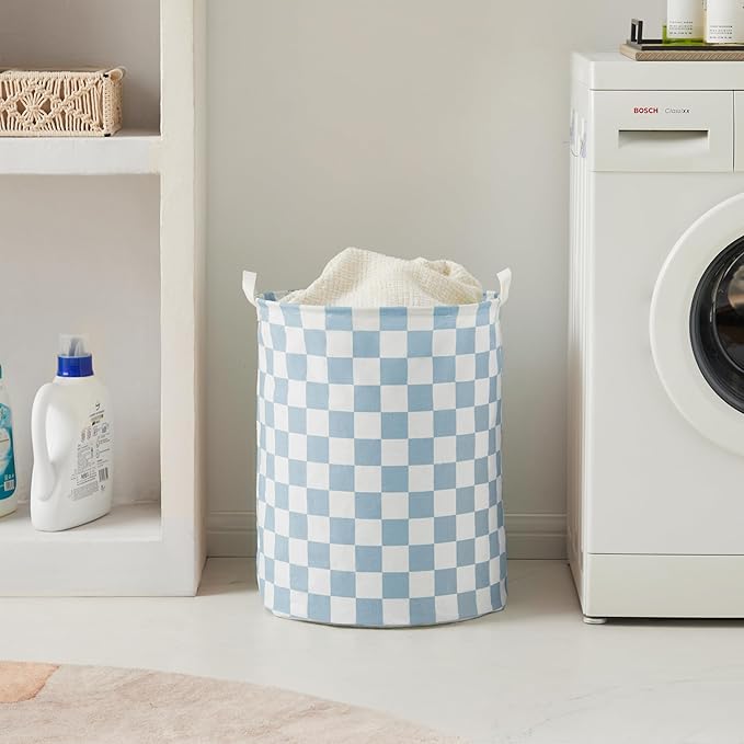 Blue Checkered Laundry Basket, Collapsible Aesthetic Cute Canvas Organizer Hamper Basket for Storage, Toy Bins, Bedroom Clothes, Children Nursery, Gift Basket