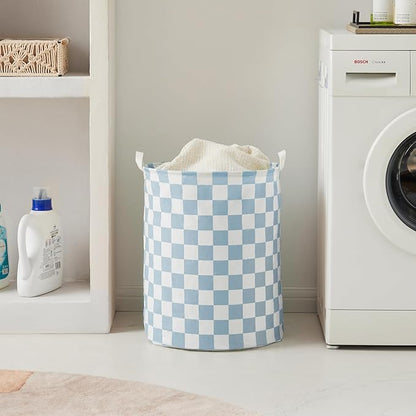 Blue Checkered Laundry Basket, Collapsible Aesthetic Cute Canvas Organizer Hamper Basket for Storage, Toy Bins, Bedroom Clothes, Children Nursery, Gift Basket