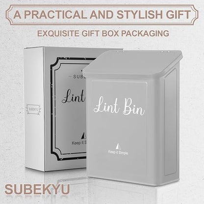 SUBEKYU Metal Magnetic Lint Bin for Laundry Room, Wall Mounted Lint Box Holder with Lid for Dryer,Light Grey