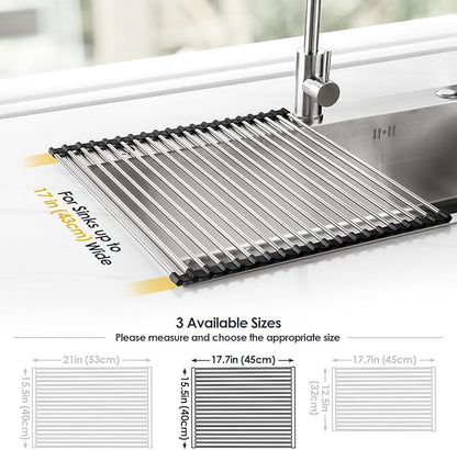 Tomorotec 17.7" x 15.5" Roll Up Dish Drying Rack Over Sink Drying Rack Sink Cover Kitchen Sink Accessories Gadget Multipurpose Organizer Foldable Stainless Steel Drainer