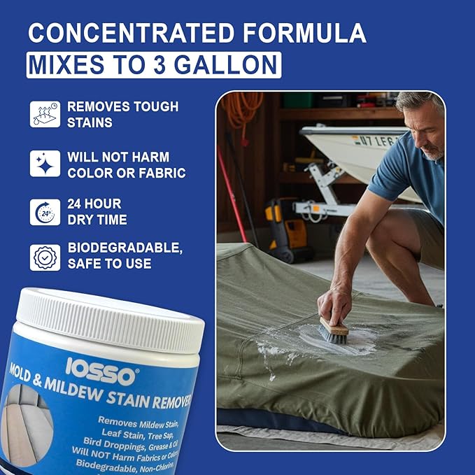 Iosso Mold & Mildew Stain Remover – Color Safe for Awnings, Tents & Boats – Concentrated Formula Makes 3 Gallons – Biodegradable, Non-Chlorine Fabric Cleaner