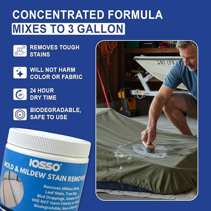 Iosso Mold & Mildew Stain Remover – Color Safe for Awnings, Tents & Boats – Concentrated Formula Makes 3 Gallons – Biodegradable, Non-Chlorine Fabric Cleaner