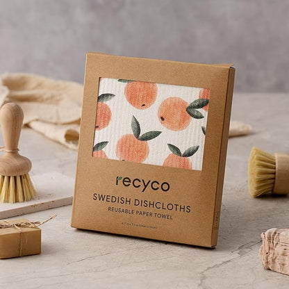 RECYCO Swedish Dishcloths for Kitchen | 5 Pack Peachy Leaves Washable Dish Rags | Cellulose Reusable Cleaning Paper Towels | Absorbent Counter Dish Cloth Sponge Kitchen Wipes, 8" L x 7" W