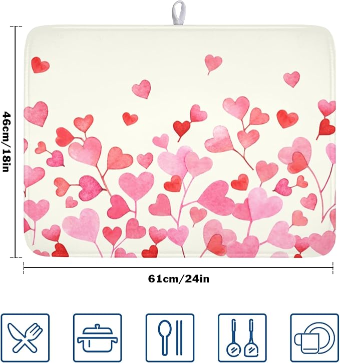 Valentine's Day Dish Drying Mat for Kitchen Counter Pink Love Heart Pattern Drying Mat 18x24 Inch Valentines Holiday Absorbent Dish Drainer Mat Kitchen Accessories