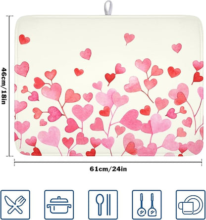 Valentine's Day Dish Drying Mat for Kitchen Counter Pink Love Heart Pattern Drying Mat 18x24 Inch Valentines Holiday Absorbent Dish Drainer Mat Kitchen Accessories