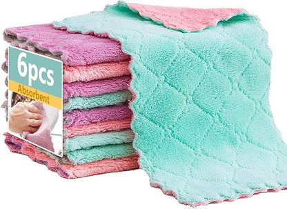 Microfiber Cleaning Cloths - Super Absorbent Streak-Free & Lint-Free Towels for Glass Kitchen & Home (Gray, Purple, Pink, Green) (6pcs)