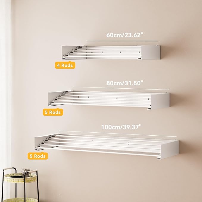 Clothes Drying Rack Wall Mounted - 41.73" Large Stainless Steel Laundry Drying Rack Collapsible, 60LBS Heavy Duty Retractable Hanger, 5-Rod Tiered Foldable Rack for Indoor