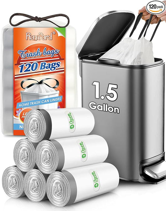1.5 Gallon 120 Counts Mini Strong Drawstring Trash Bags Garbage Bags by RayPard, Small Plastic Bags fit 4.5-6L Trash Can for Home Office Kitchen Bathroom Bedroom, White Waste Basket Liners