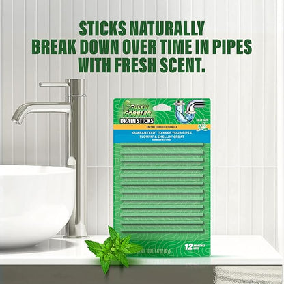 Green Gobbler Drain Cleaner and Deodorizer Sticks with Enzymes - Maintain a Clean Drain, Safe for Pipes and Septic Tanks, Use Monthly - 12 Pack