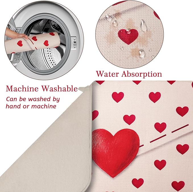 Valentine Dish Drying Mat, Ultra Absorbent Valentines Day Drying Mat for Kitchen Counter, Coffee Maker, 18 x 24 Inch