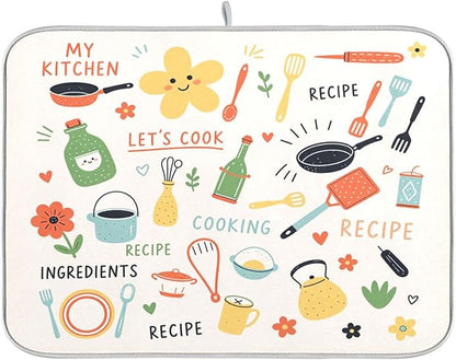 Absorbent Dish Drying Mat Kitchen Doodle Pattern Kitchen Counter Mat Protector,Reversible,Extra Large 24 x 18 Inches