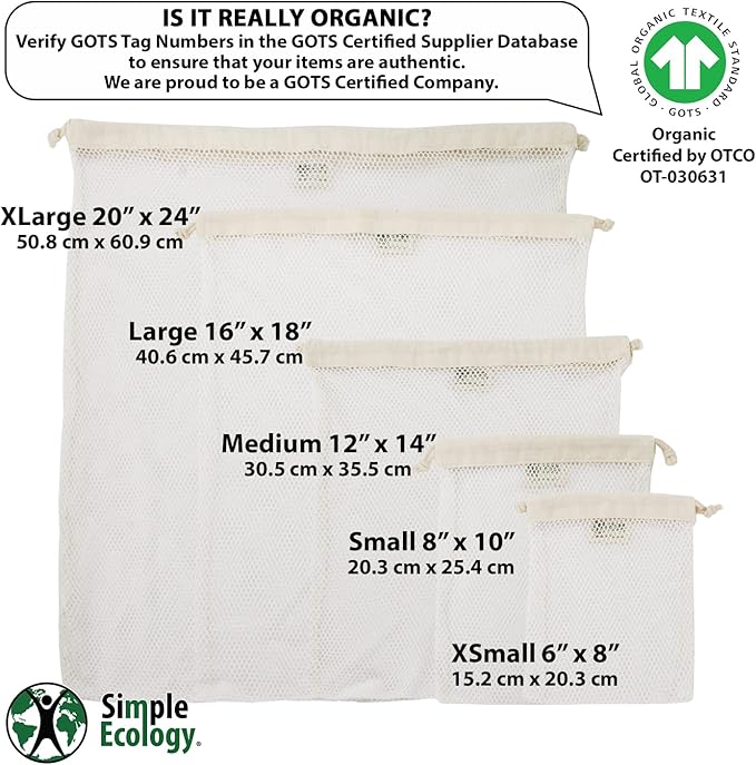 Simple Ecology Organic Cotton Mesh Laundry Bag; Machine Washing Bags for Delicates, Lingerie and Garments, Small 2 pack