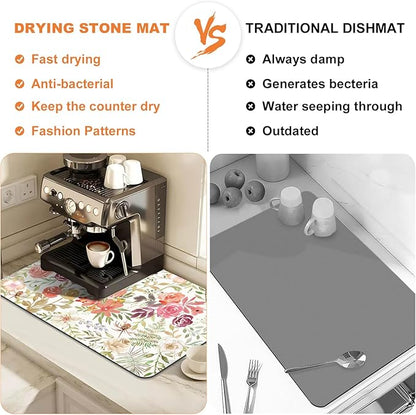 LOKHOM Dish Drying Mat for Kitchen Counter, 12"x20" Absorbent Coffee Bar Mat with Pink Roses Petals , Dish Drainer Rack Mats for Kitchen Counter Coffee Maker Coffee Pot Dining Room Decoration
