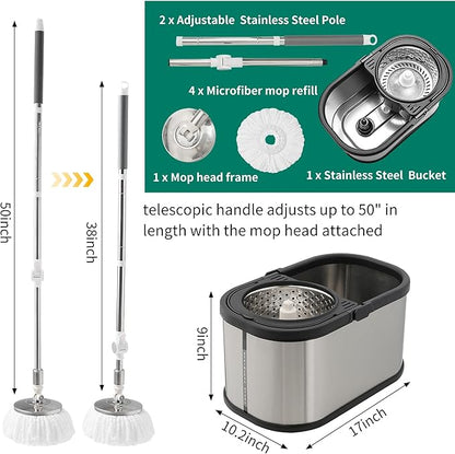 Stainless Steel Spin Mop and Bucket with Wringer Set, 360° Spinning Mop Bucket Floor Cleaning System with 4 Microfiber Mop Replacement Heads