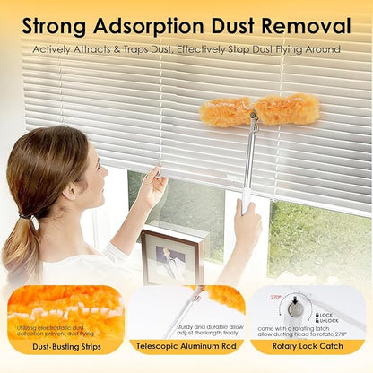 Extendable Duster Kit with 6FT Telescoping Handle & 12 PCS Duster Refills, 360° Disposable Microfiber Pads for Home Cleaning, Ceiling Fan, Blinds, Furniture